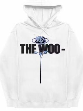 VLONE White Hoodie with Black 'WOO' Text and Blue Rose